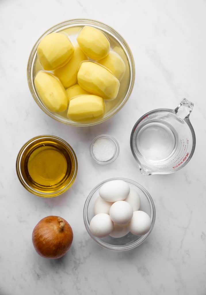 Ingredients needed for the best overnight potato kugel.