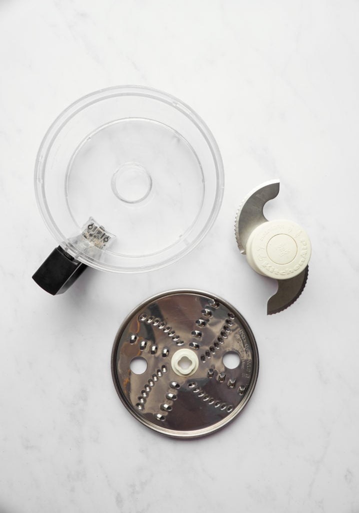 Food processor parts for the best overnight potato kugel.